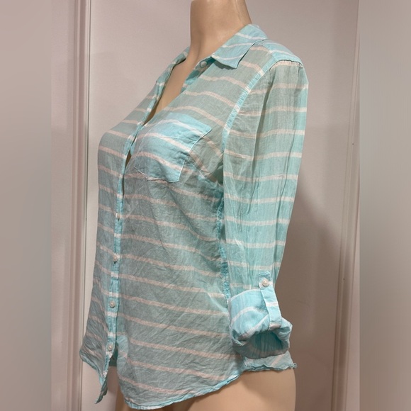 So Perfect Shirt Sheer Look Striped Long Sleeve Buttoned Shirt Blue & White SZ L - Picture 4 of 4